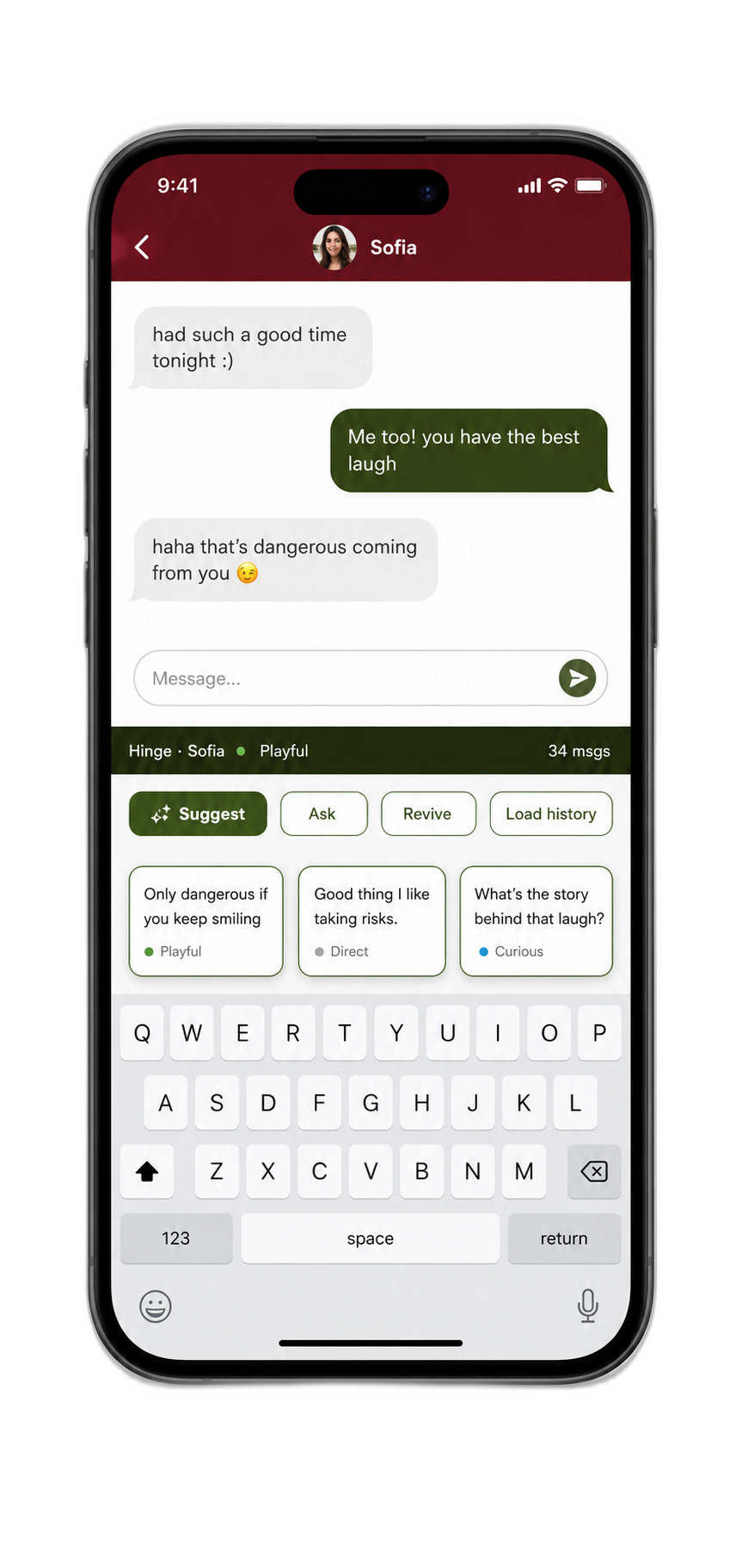 Replaiit keyboard showing AI suggestions inside a Hinge conversation