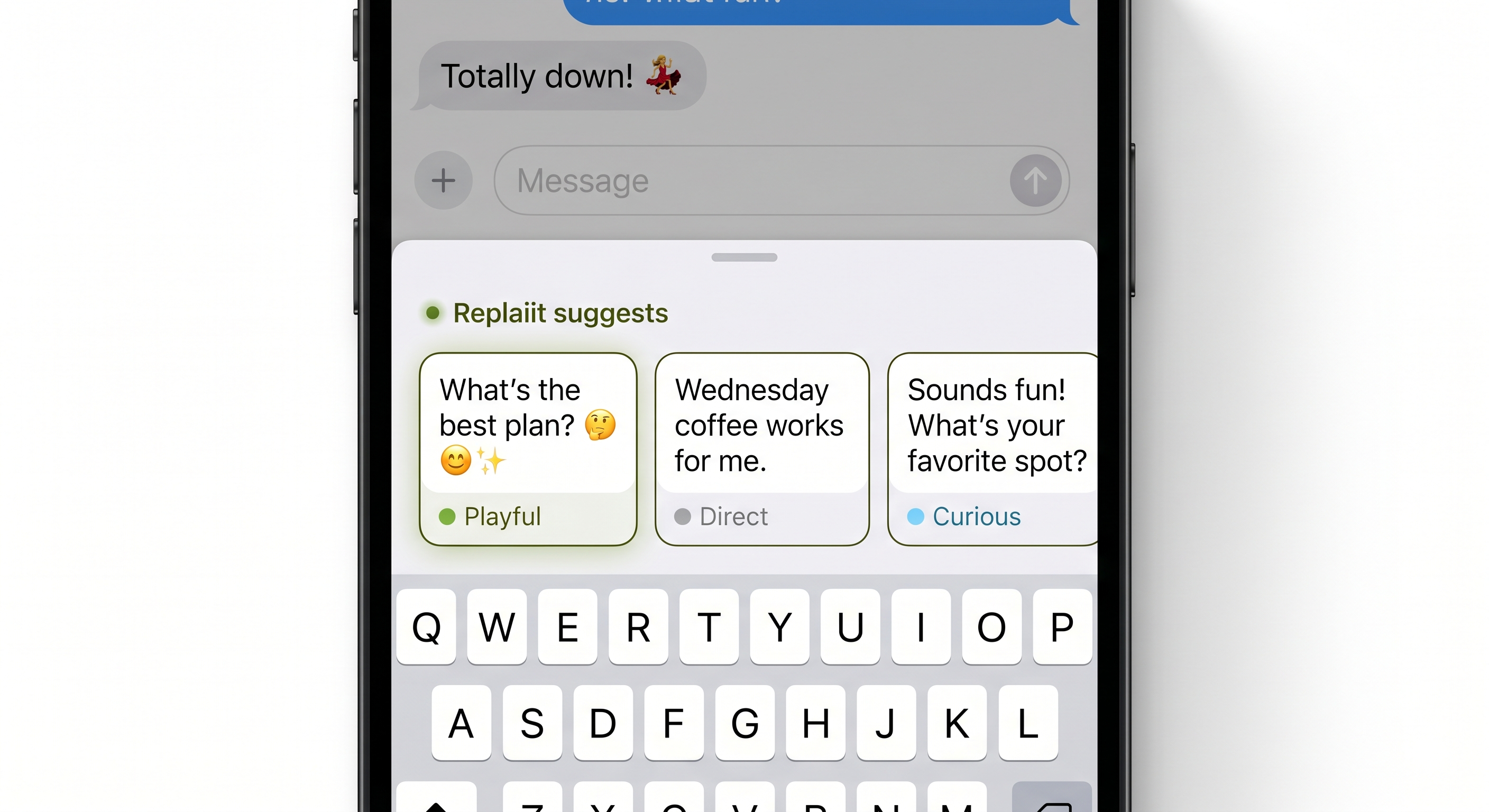 Three Replaiit suggestion chips: Playful, Direct, and Curious replies